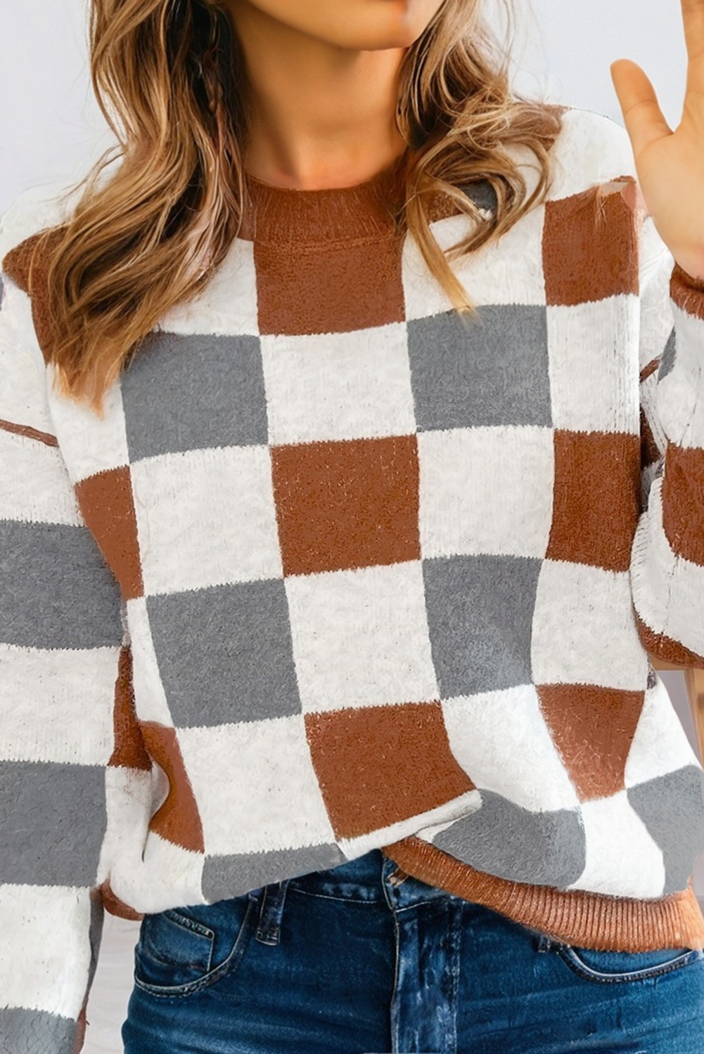 Brown Colorblock Checkered Drop Sleeve Sweater – Plus Size